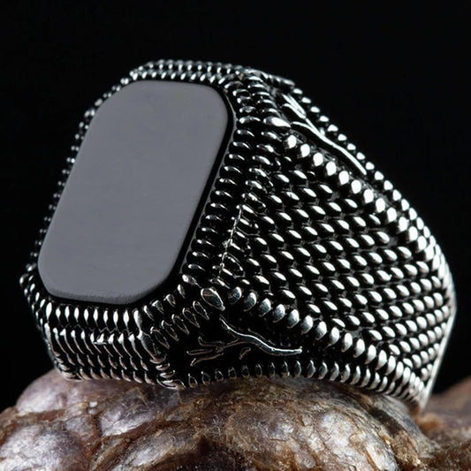 Turkish Signet Ring - Vintage Silver with Black Zircon