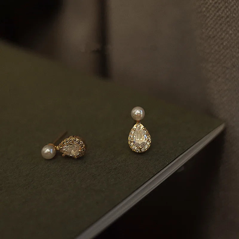 S925 Silver 14K Gold Pearl Earrings - Water Drop Morning Dew