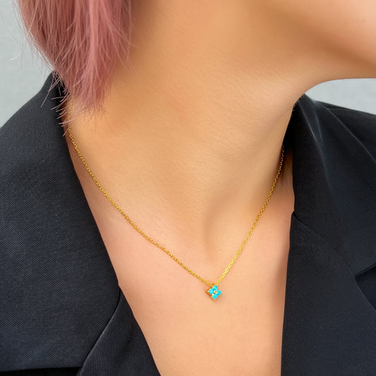 QooLady 925 Silver Four-Leaf Turquoise Necklace - Lucky Blue