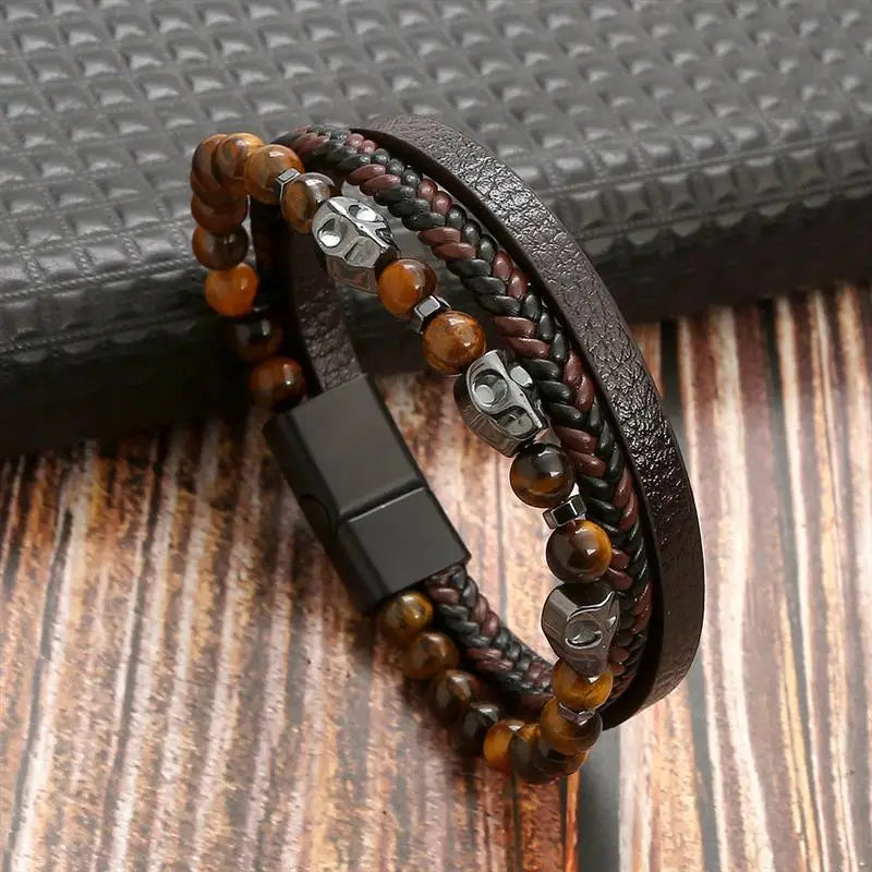 High Quality Tiger Eye Leather Bracelet - Multi-Layer Men's