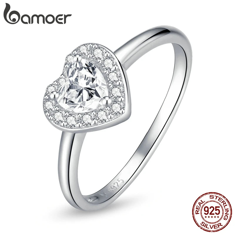 BAMOER 925 Silver Bright Love Ring - Dazzling Heart Crystal