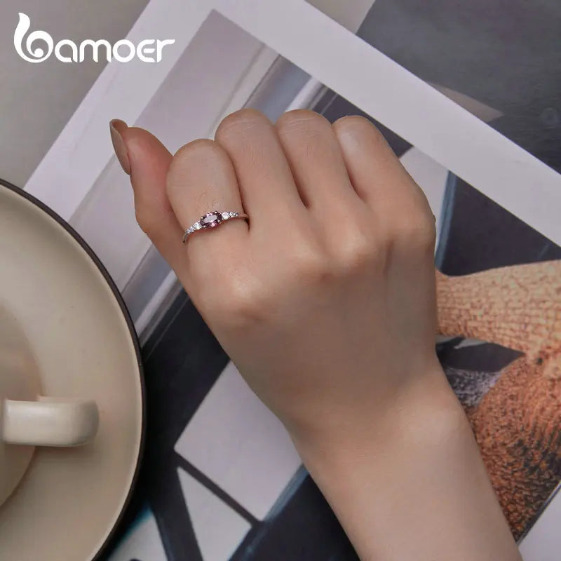 BAMOER 925 Silver Oval Gemstone Ring - Green Pink Zircon