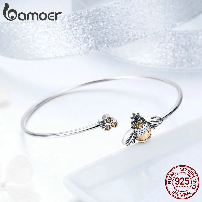 BAMOER 925 Silver Yellow Bee Bangle - Crystal Cute Insect