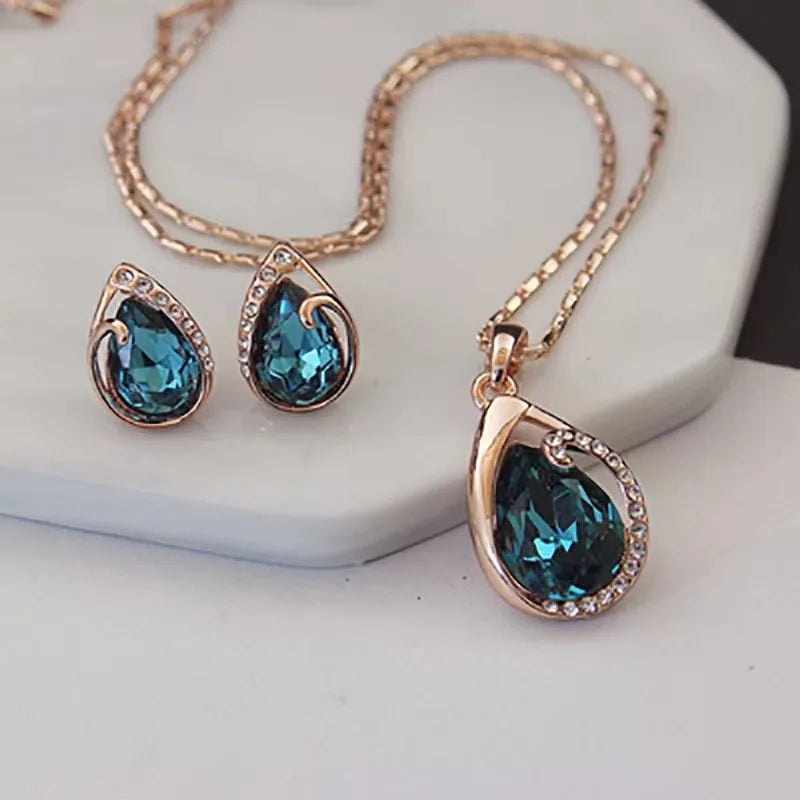 Blue Green Water Drop Jewelry Set - Geometric Design