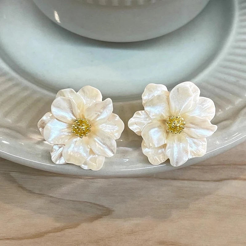 White Flower Stud Earrings - Double Layer Camellia Petals