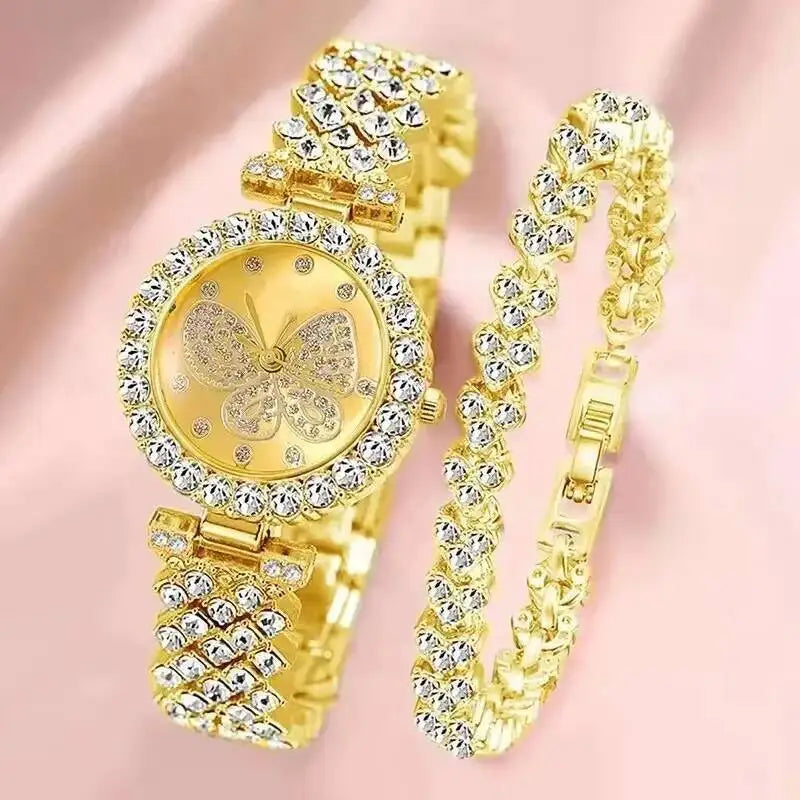 2PC Luxury Rhinestone Butterfly Watch Set - Ladies Quartz