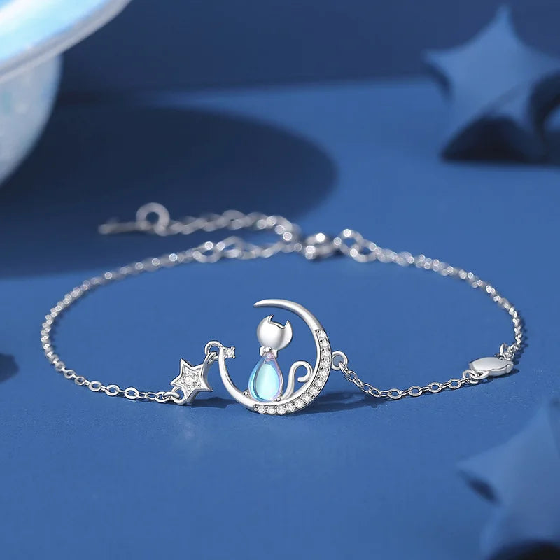 European S925 Silver Cat Moon Set - AAA CZ Sparkling 3PC