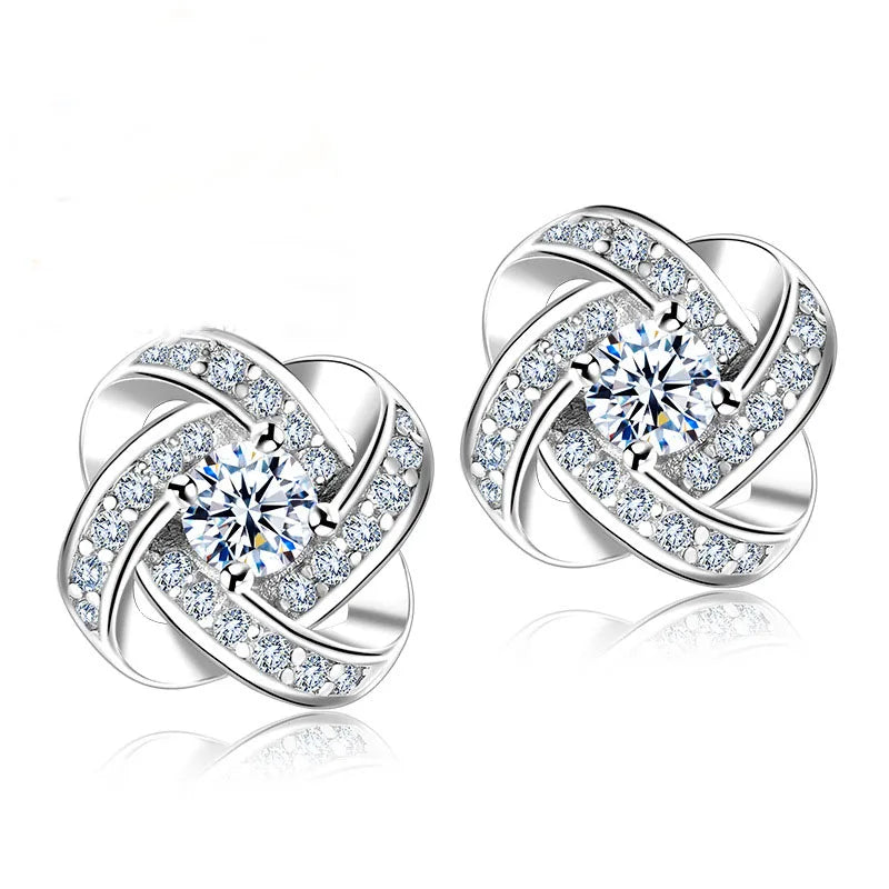925 Silver Crystal Knot Flower Stud Earrings - Wedding Bijoux