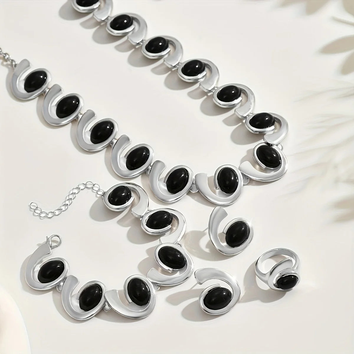 4PC Silver Jewelry Set - Geometric Oval Black Acrylic Simple