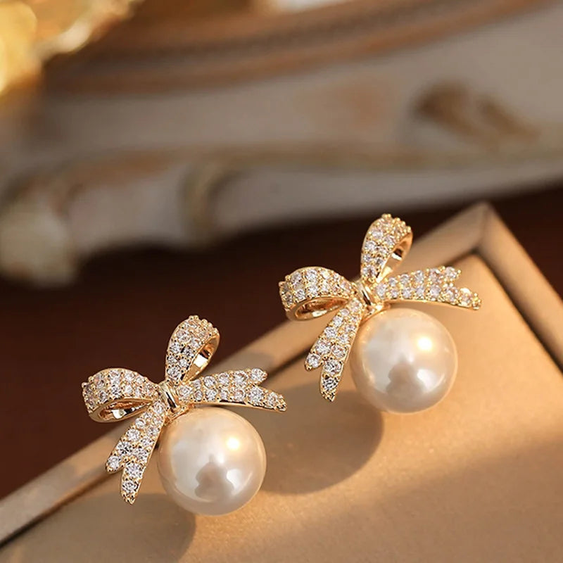 Rhinestone Bow Pearl Stud Earrings - Light Luxury Sparkle