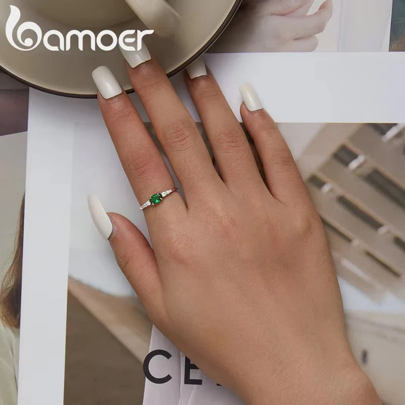 BAMOER 925 Silver Oval Gemstone Ring - Green Pink Zircon