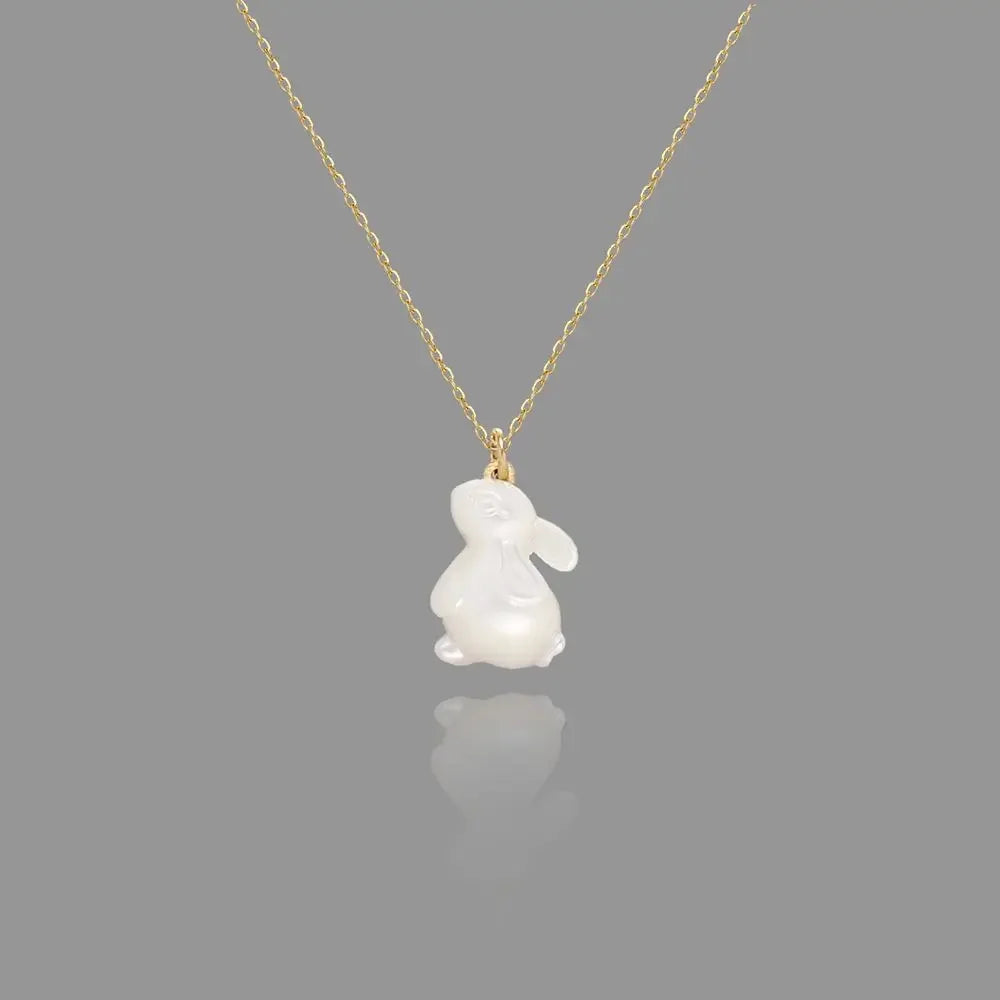 Jade Rabbit White Shell Necklace - 18K Gold Moon Pendant