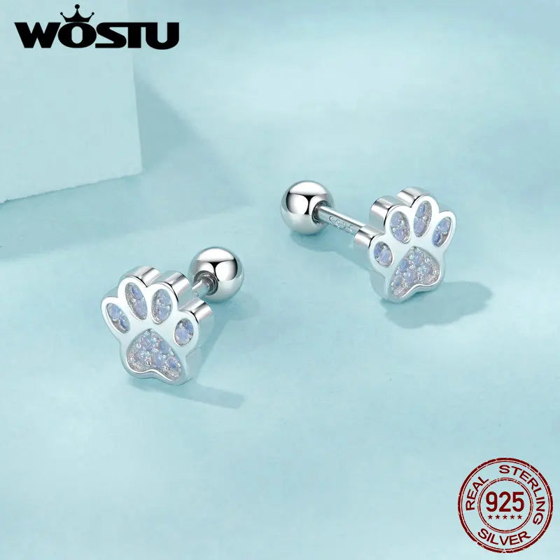 WOSTU 925 Silver Pink Opal Paw Stud Earrings - Pet Lover Gift