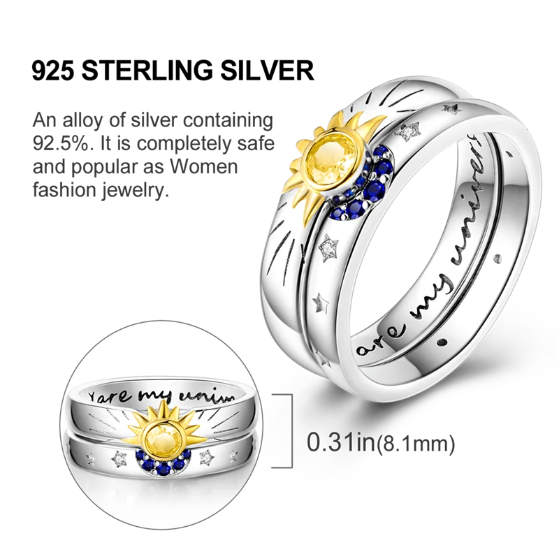 925 Sterling Silver Star & Moon Ring - Blue Zircon