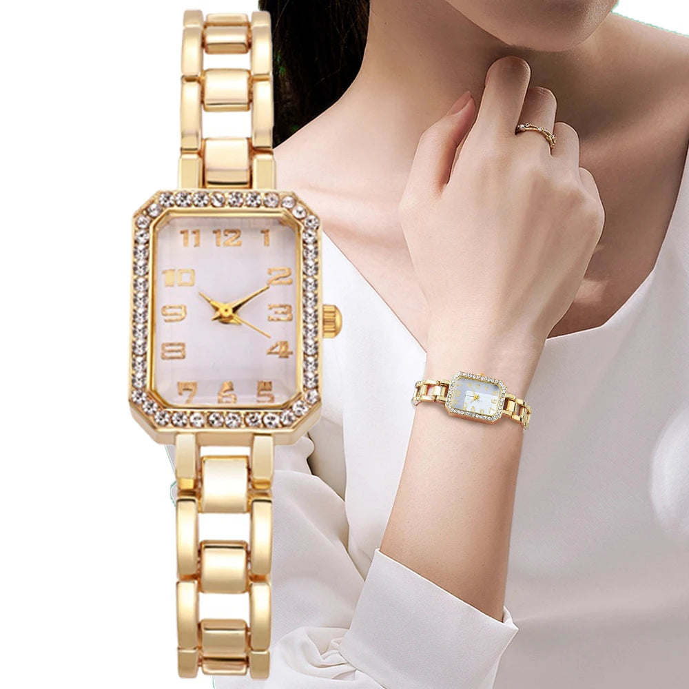 2025 Luxury Women's Watch - Square Full Diamond Gold Quartz