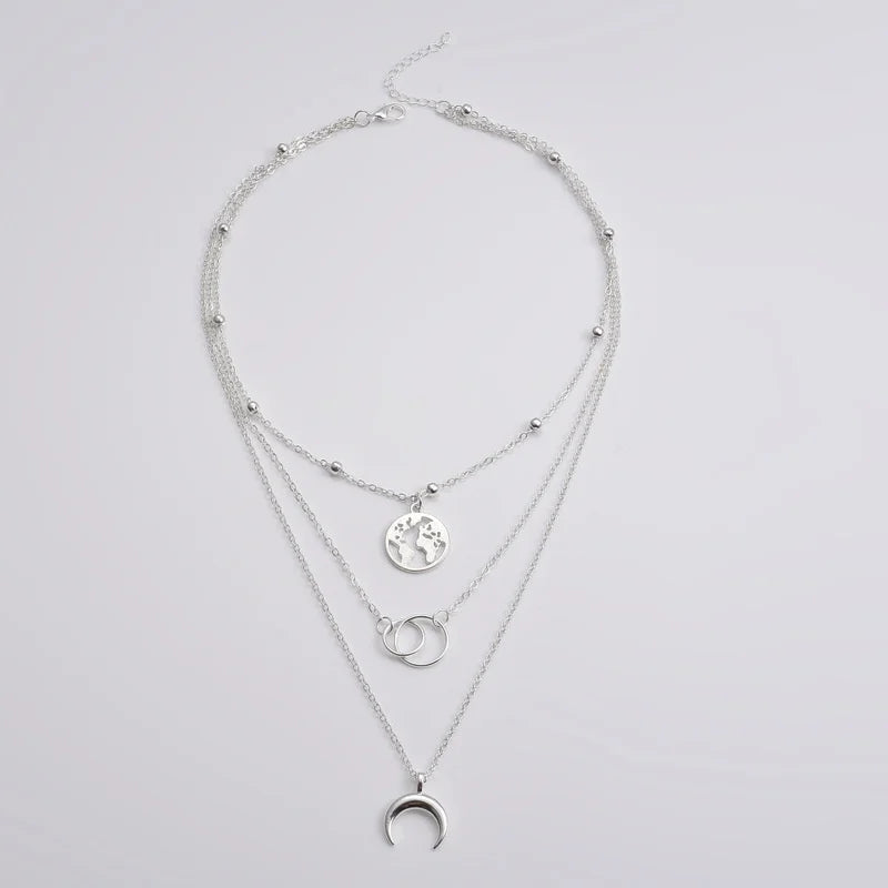 Fashion Retro Moon World Map Necklace - Multilayer Gold Circle