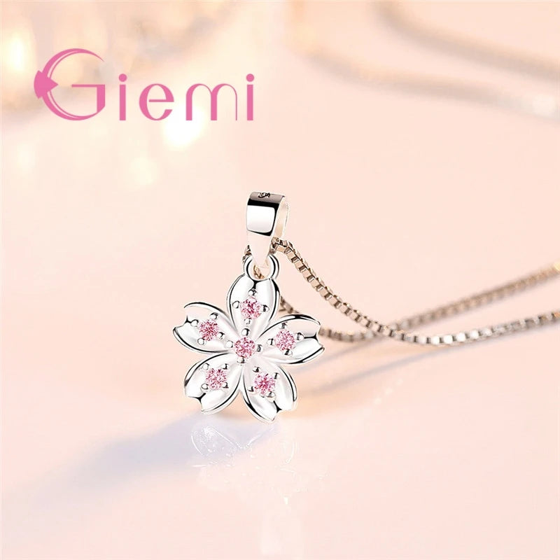 925 Silver Cherry Blossom Pendant Necklace - Pink CZ Five Petals
