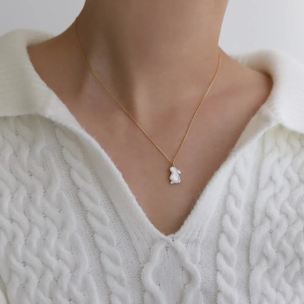 Jade Rabbit White Shell Necklace - 18K Gold Moon Pendant