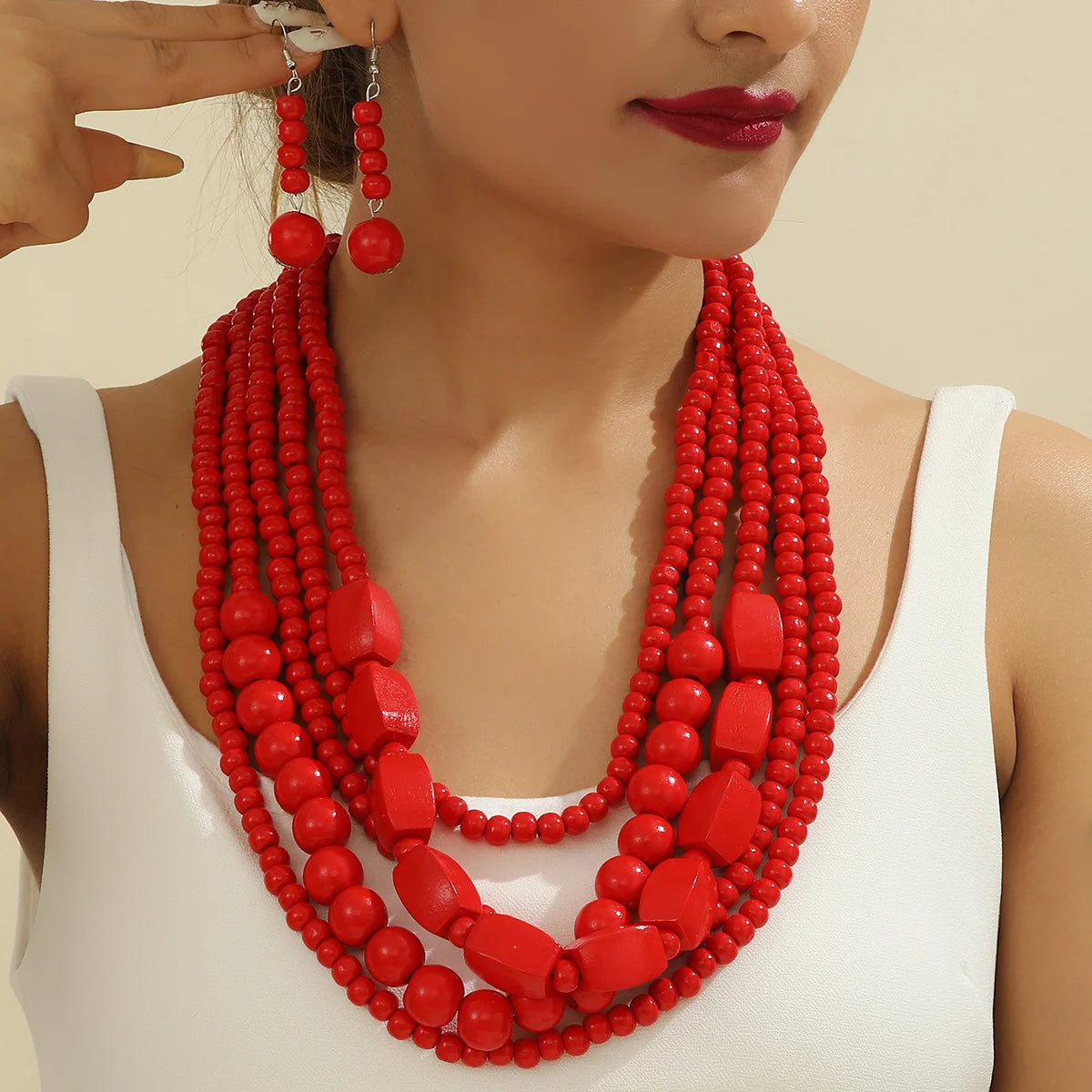 Colorful African Wooden Bead Jewelry Set - Multi-Layer Bohemian