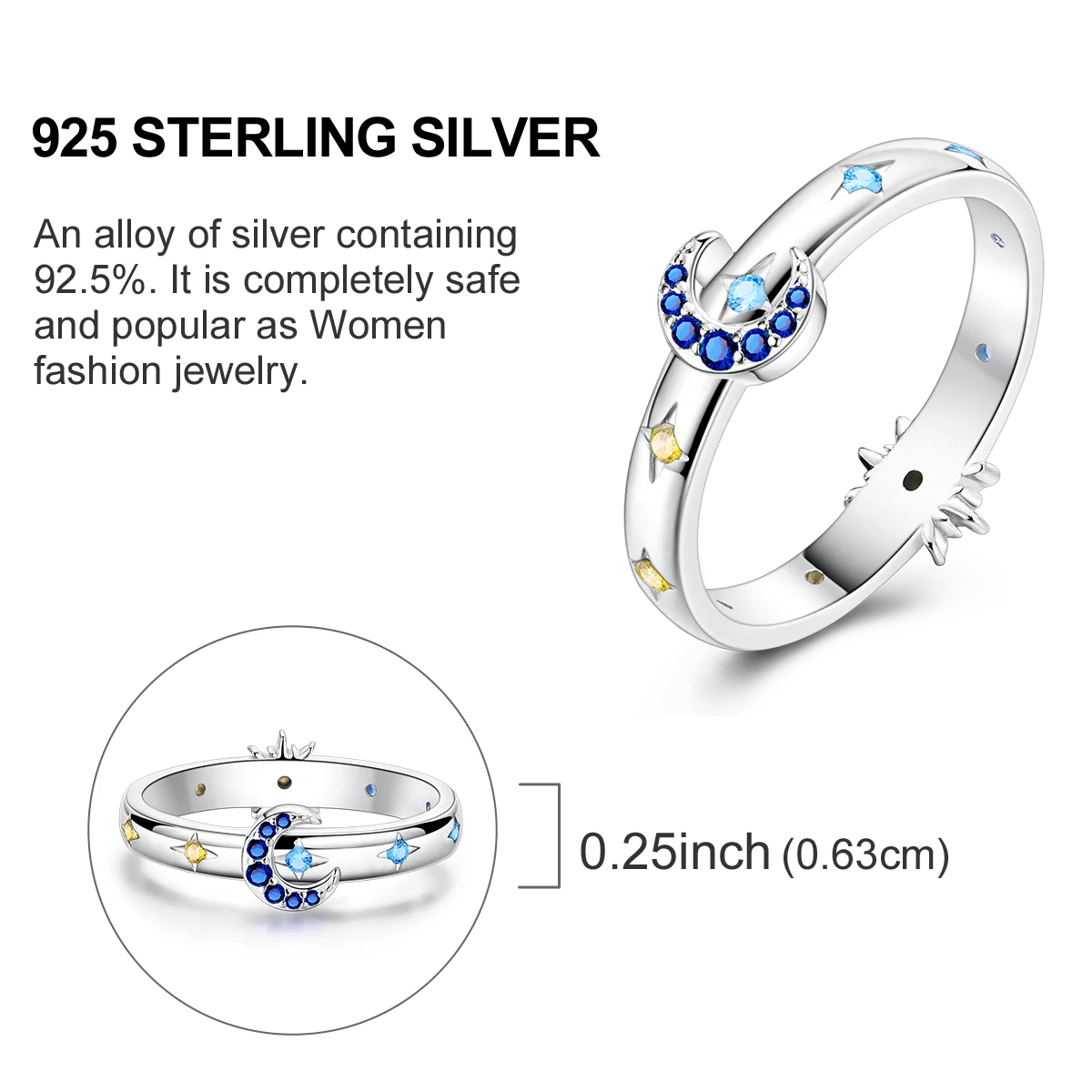 925 Sterling Silver Star & Moon Ring - Blue Zircon