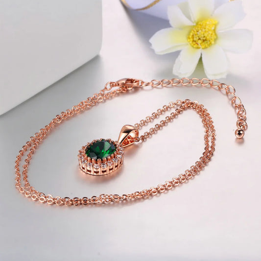 Elegant Rose Gold Green Crystal Necklace - Colorful Wedding