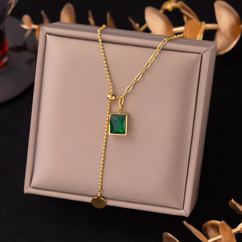 Yupsk Green Square Zircon Necklace - 316L Steel Vintage