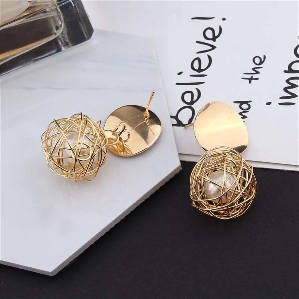 Trendy Twist Wire Ball Dangle Earrings - Golden Geometric