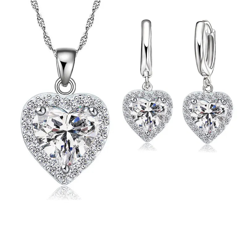 925 Silver Heart Crystal Jewelry Set - Bridal Wedding