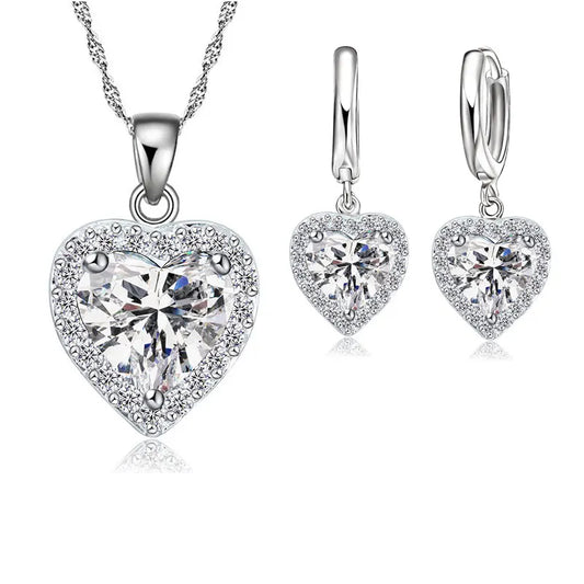 925 Silver Heart Crystal Jewelry Set - Bridal Wedding