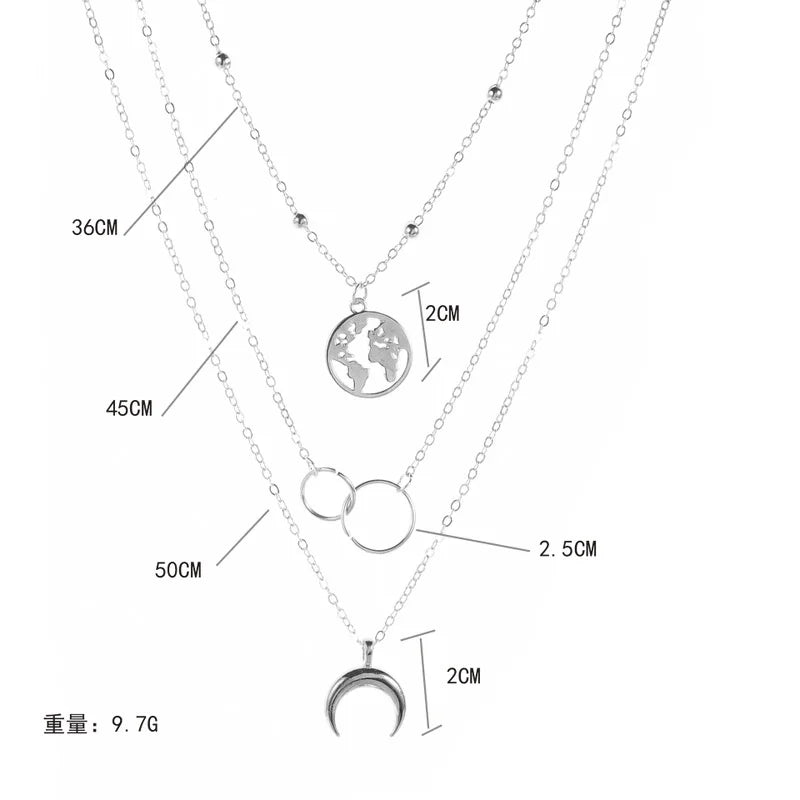 Fashion Retro Moon World Map Necklace - Multilayer Gold Circle