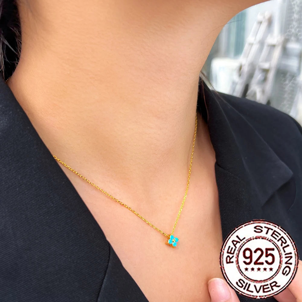 QooLady 925 Silver Four-Leaf Turquoise Necklace - Lucky Blue