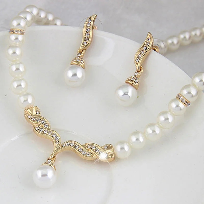 Gold Pearl Bridal Jewelry Set - Necklace & Earrings