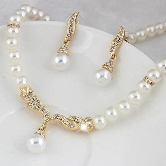 Gold Pearl Bridal Jewelry Set - Necklace & Earrings