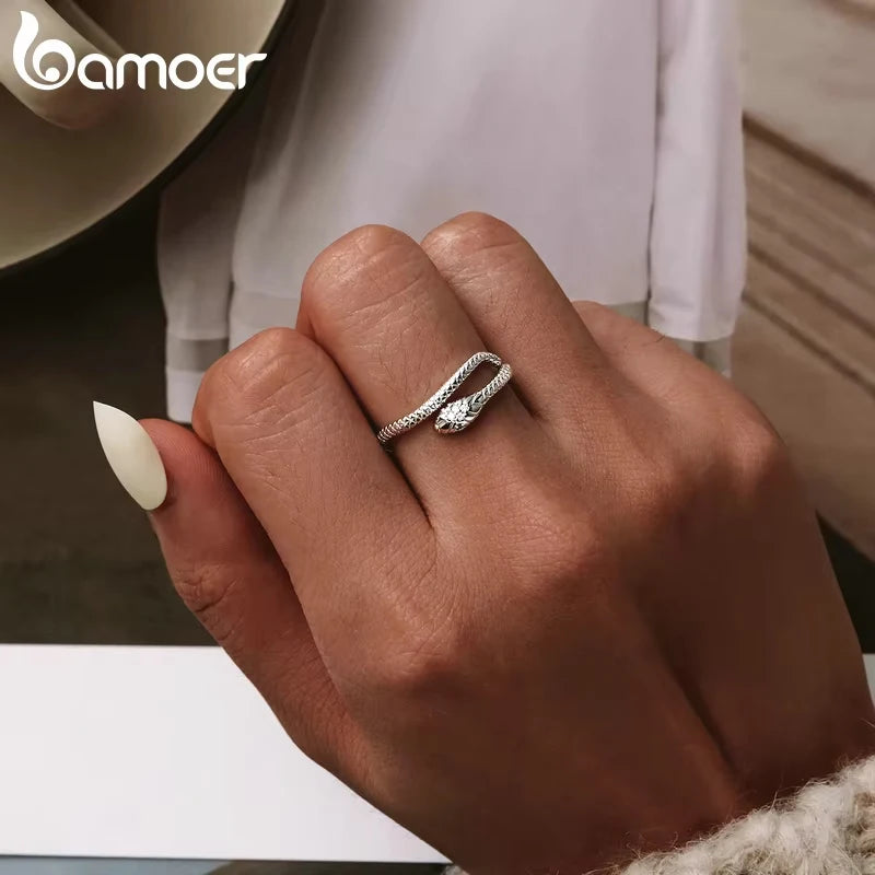 BAMOER 925 Silver Snake Ring - Green Zircon Adjustable