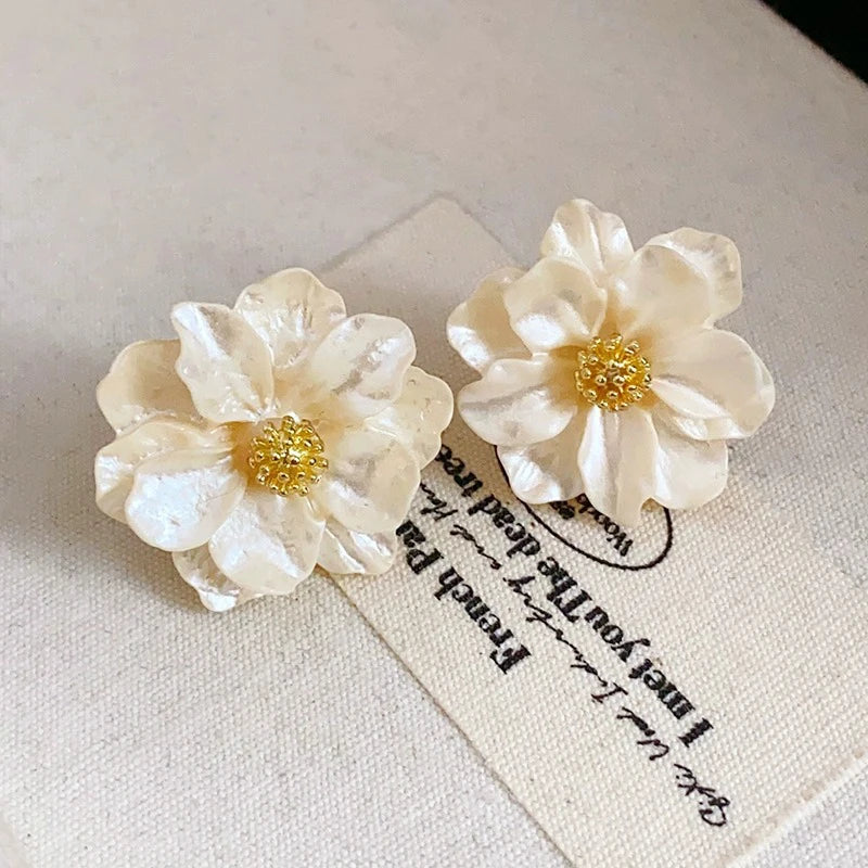 White Flower Stud Earrings - Double Layer Camellia Petals