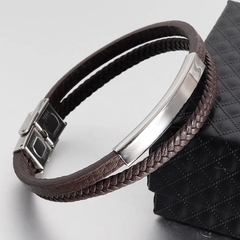 Simple Black Leather Bracelet - Double-Layer Braid Men's