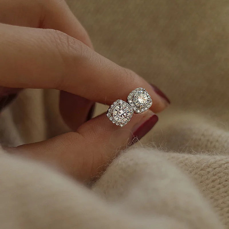 925 Silver Needle Shiny Zircon Stud Earrings - Gold Plating