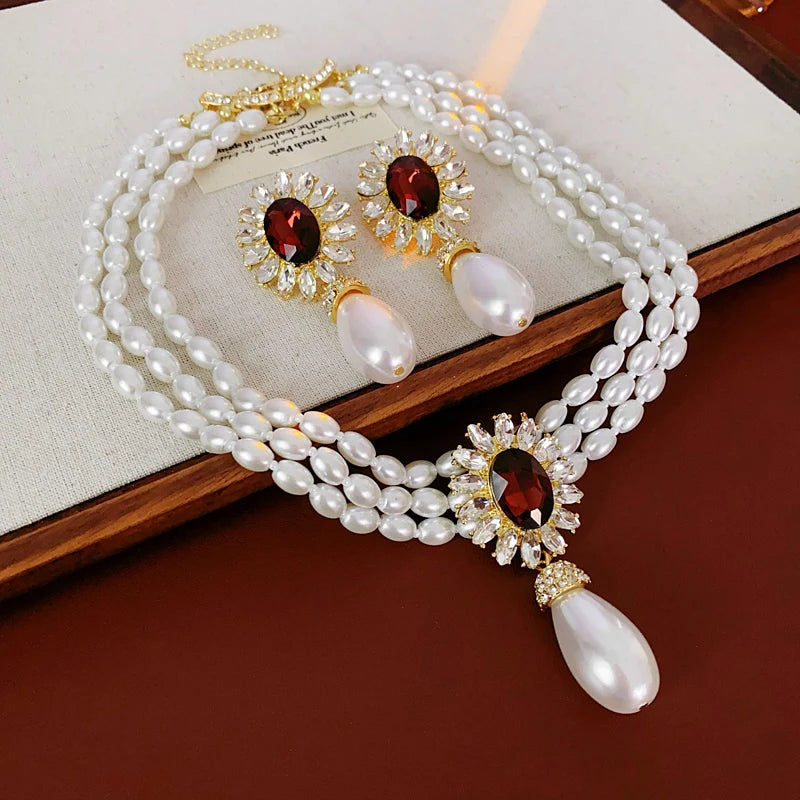 French Style Pearl & Rhinestone Jewelry Set - Flower Design