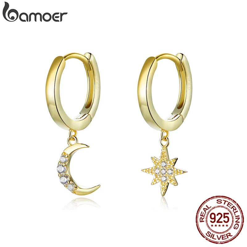 BAMOER 925 Silver Moon & Star Dangle Earrings - Gold Plated