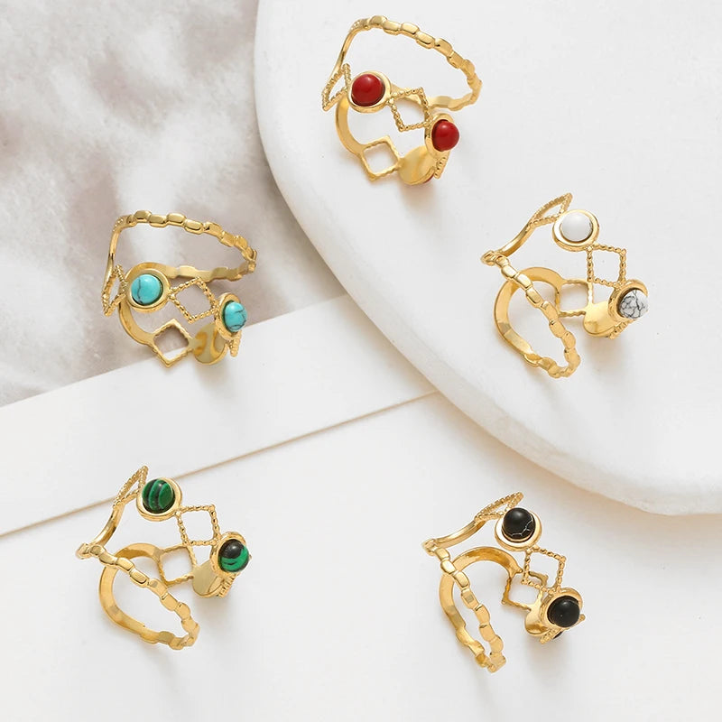 Hollow Out Natural Stone Ring - Stainless Steel Wide Band