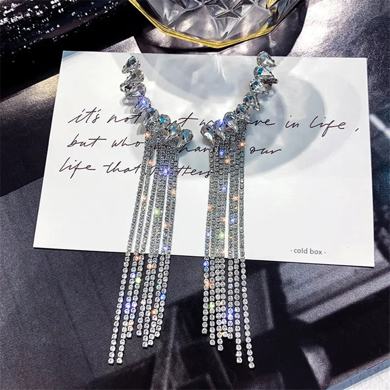 FYUAN Long Tassel Rhinestone Drop Earrings - Shiny Water Drop