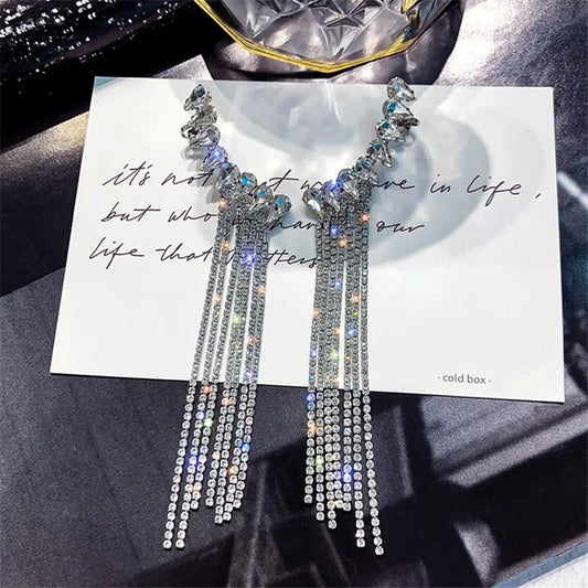 FYUAN Long Tassel Rhinestone Drop Earrings - Shiny Water Drop