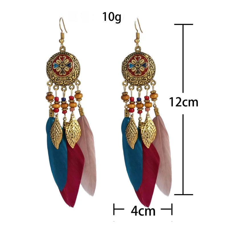 Bohemian Carved Leaf Feather Earrings - Vintage Tassel