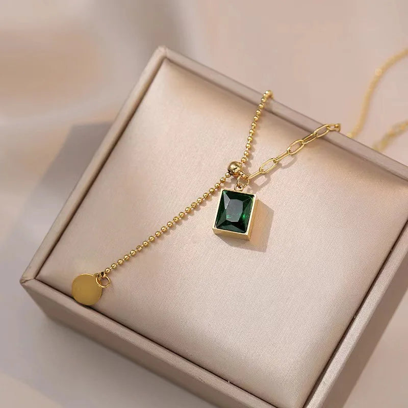 Yupsk Green Square Zircon Necklace - 316L Steel Vintage