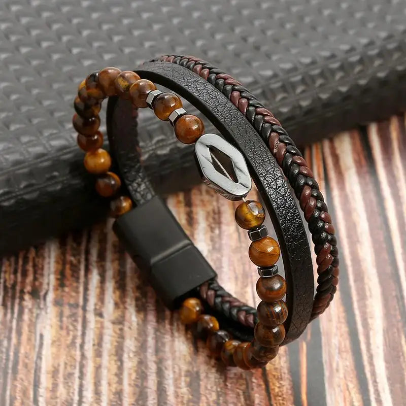 High Quality Tiger Eye Leather Bracelet - Multi-Layer Men's