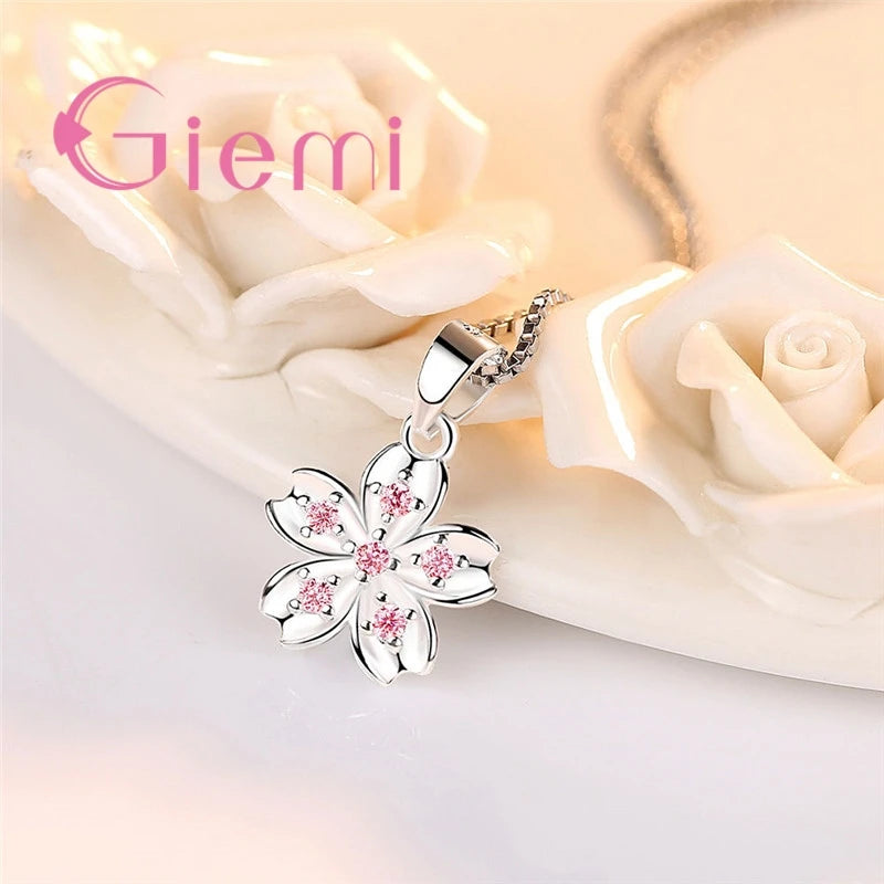 925 Silver Cherry Blossom Pendant Necklace - Pink CZ Five Petals