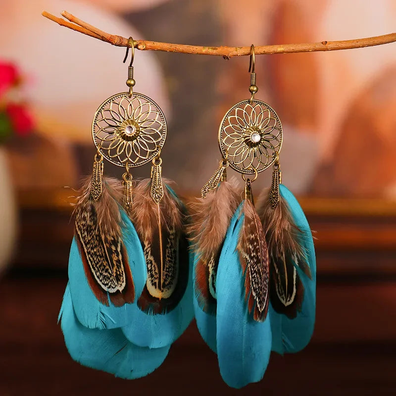 Bohemian Carved Leaf Feather Earrings - Vintage Tassel