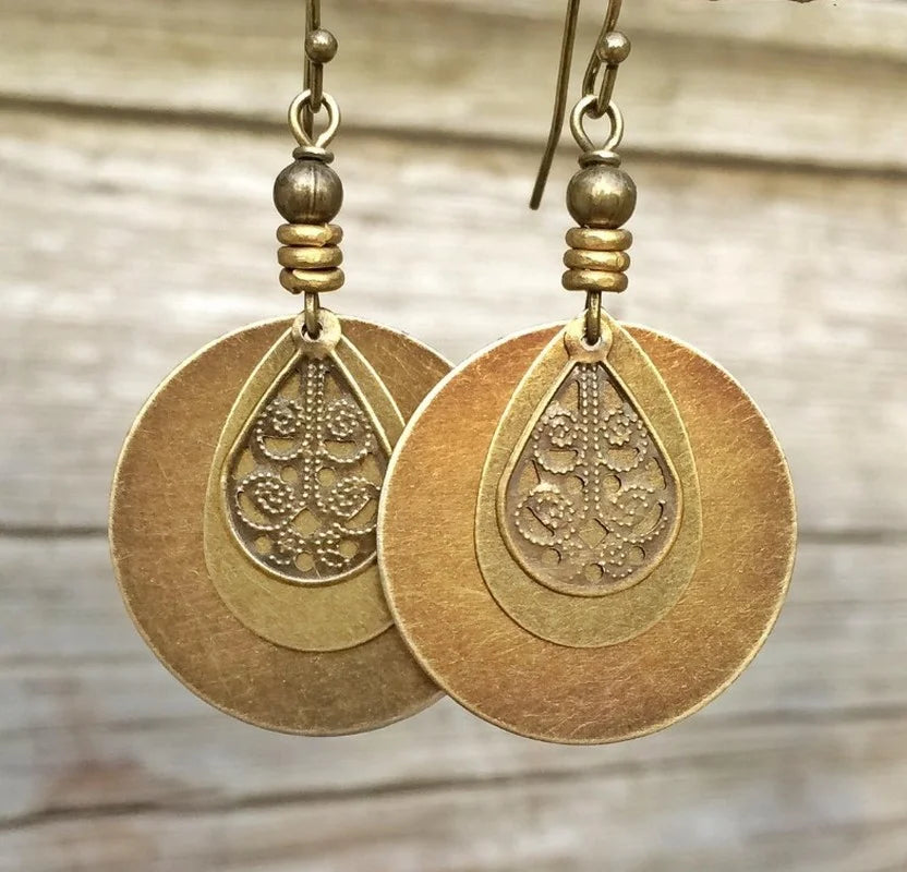 Ethnic Bronze Carved Earrings - Bohemian Distressed Beaded