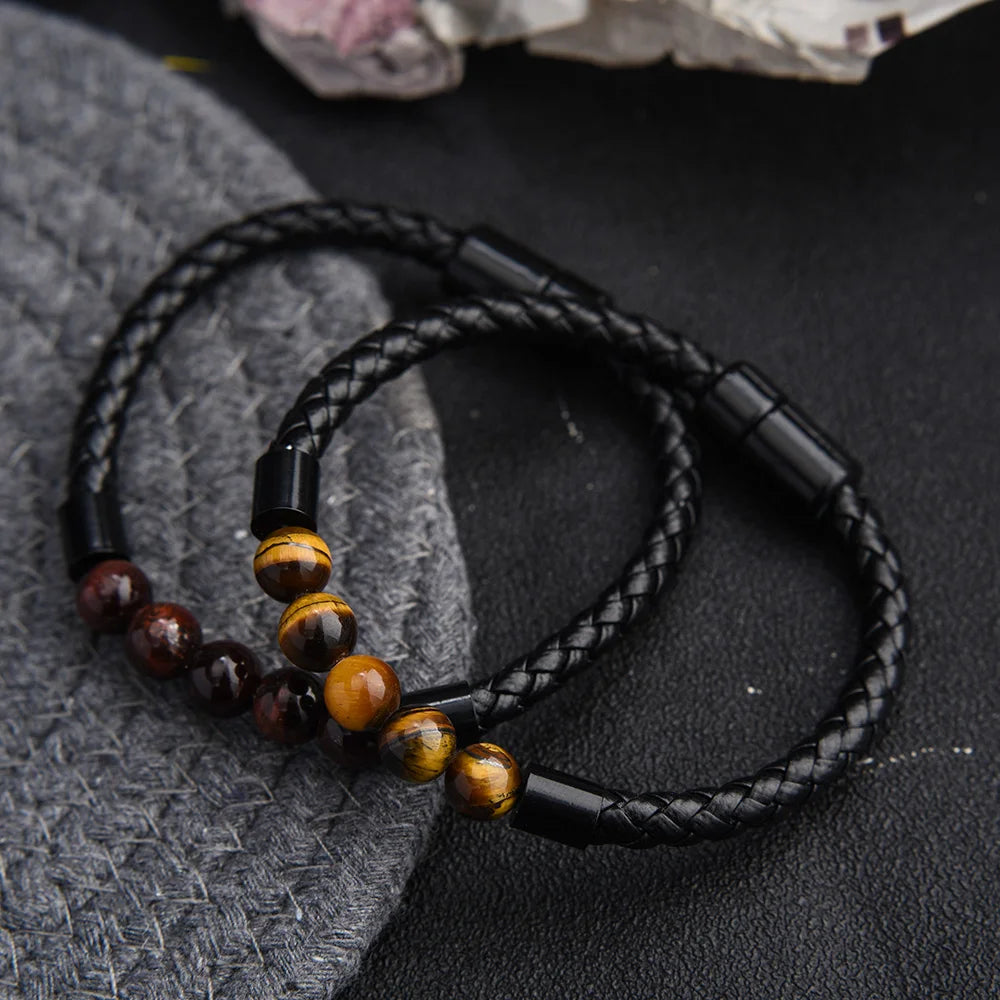 Leather Lava Chakra Bracelet - Black Tiger Eye Magnetic