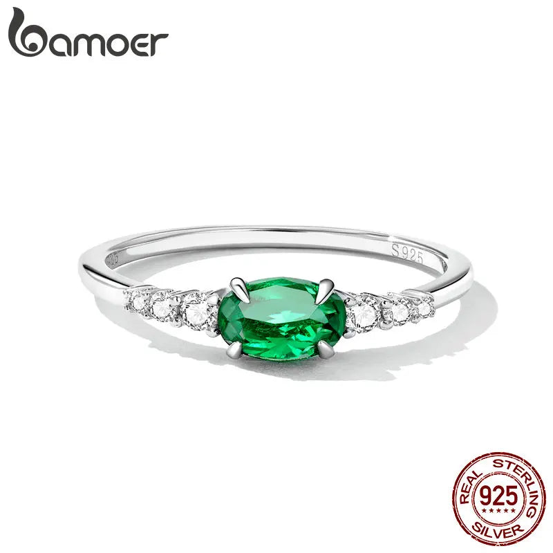 BAMOER 925 Silver Oval Gemstone Ring - Green Pink Zircon